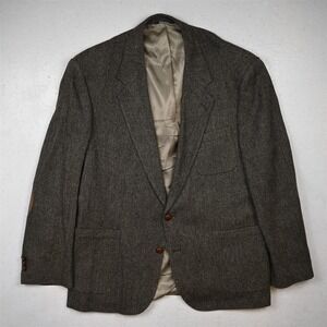 Vtg USA Made 46L Brown Herringbone Wool Tweed Mens Blazer Suit Jacket Sport Coat